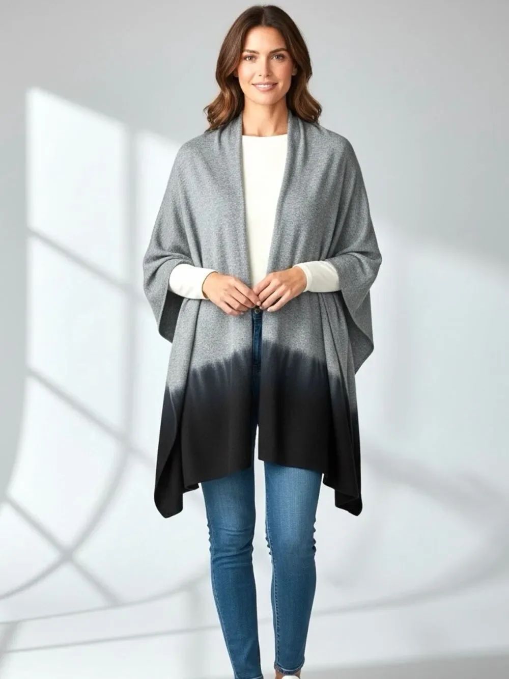 Neiman Marcus 100% Cashmere Ruana Wrap Poncho Gray Black Ombré One Size Luxury